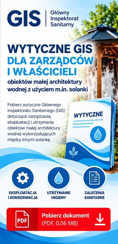 Wytyczne GIS dla właścicieli i zarządców obiektów małej architektury wodnej wykorzystujących między innymi solankę stanowią istotny materiał przy planowaniu ich prawidłowej eksploatacji. Dokument warto przeanalizować podczas przygotowywania procedur sanitarnych, instrukcji obsługi i zasad utrzymania higieny tężni solankowej. W przypadku tężni sonicznej szczególne znaczenie ma uwzględnienie specyfiki technologii wytwarzania aerozolu, sposobu podawania solanki oraz zaleceń dotyczących konserwacji urządzenia. Technologia SALT1 została opracowana z uwzględnieniem znaczenia higieny i kontrolowanych warunków pracy instalacji, dlatego dokumentację techniczną należy analizować łącznie z właściwymi wytycznymi sanitarnymi. Pobierz oficjalne wytyczne GIS w formacie PDF i wykorzystaj je jako materiał pomocniczy przy organizacji eksploatacji obiektu.