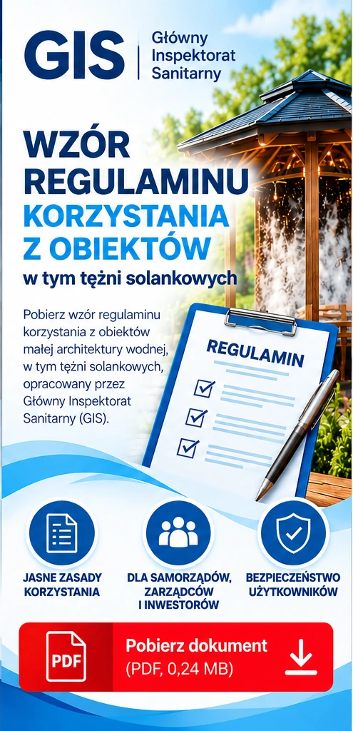 Pobierz wzór regulaminu korzystania z obiektów małej architektury wodnej, w tym tężni solankowych. Dokument może stanowić punkt wyjścia do opracowania zasad obowiązujących na terenie konkretnego obiektu. Uwzględnienie czytelnych reguł ułatwia organizację korzystania z tężni oraz informowanie użytkowników o ich obowiązkach. Regulamin powinien zostać dostosowany do warunków technicznych obiektu i sposobu jego eksploatacji. Przed wdrożeniem zalecamy weryfikację dokumentu przez zarządcę pod kątem obowiązujących przepisów i lokalnych uwarunkowań.